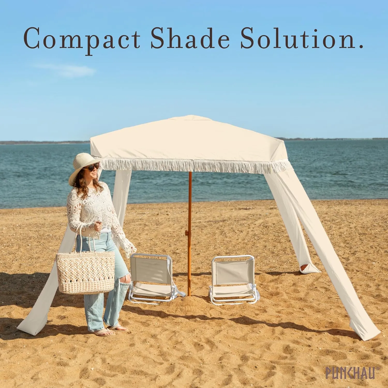 Beach Cabana with Fringe - 6x6 Ft. Boho Beach Canopy Umbrella Tent, Portable Umbrellas for Sand with Carry Bag & Sandbag Pockets, Instant Sun Shade Canopy Tent for Beaches & Backyards