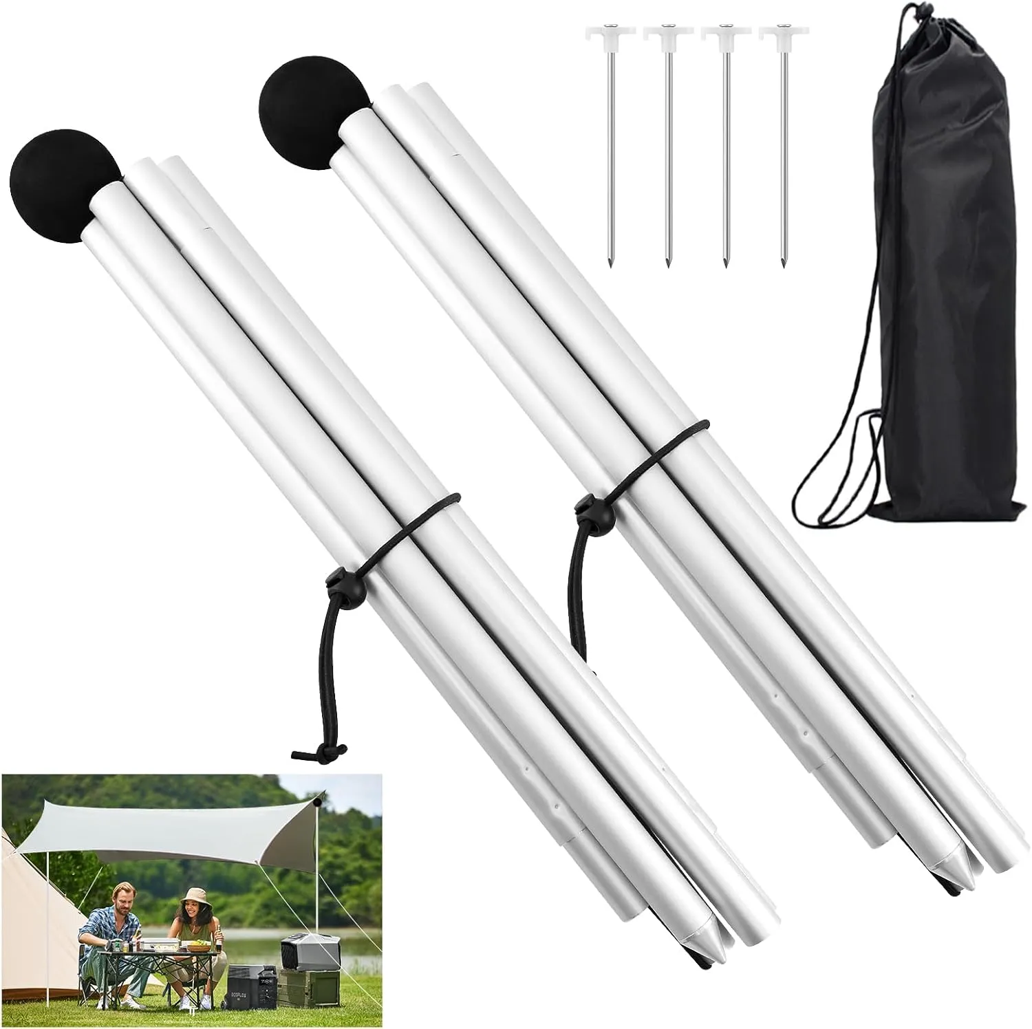 Beach Tent Poles Replacement - 6.56Ft Awning Poles with Ground Stakes for Tarp Canopy, Foldable Aluminum Alloy Tarp Poles for Camping, Parties, Fishing, and Hiking, 2-Pack