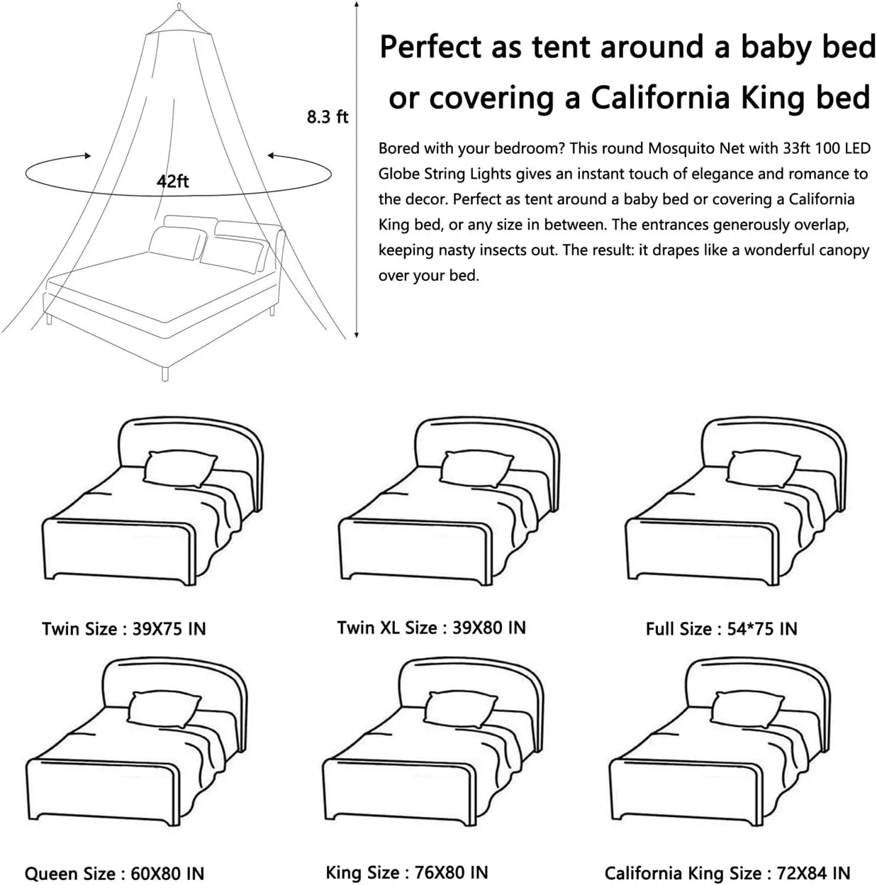 Bed Canopy with Lights,Mosquito Net Bed Canopy for Girls Canopy Bed Curtains Full Queen Size from Ceiling,Dome Mosquito Netting Bed Tent Twin Girls Princess Canopy King Bed Decor