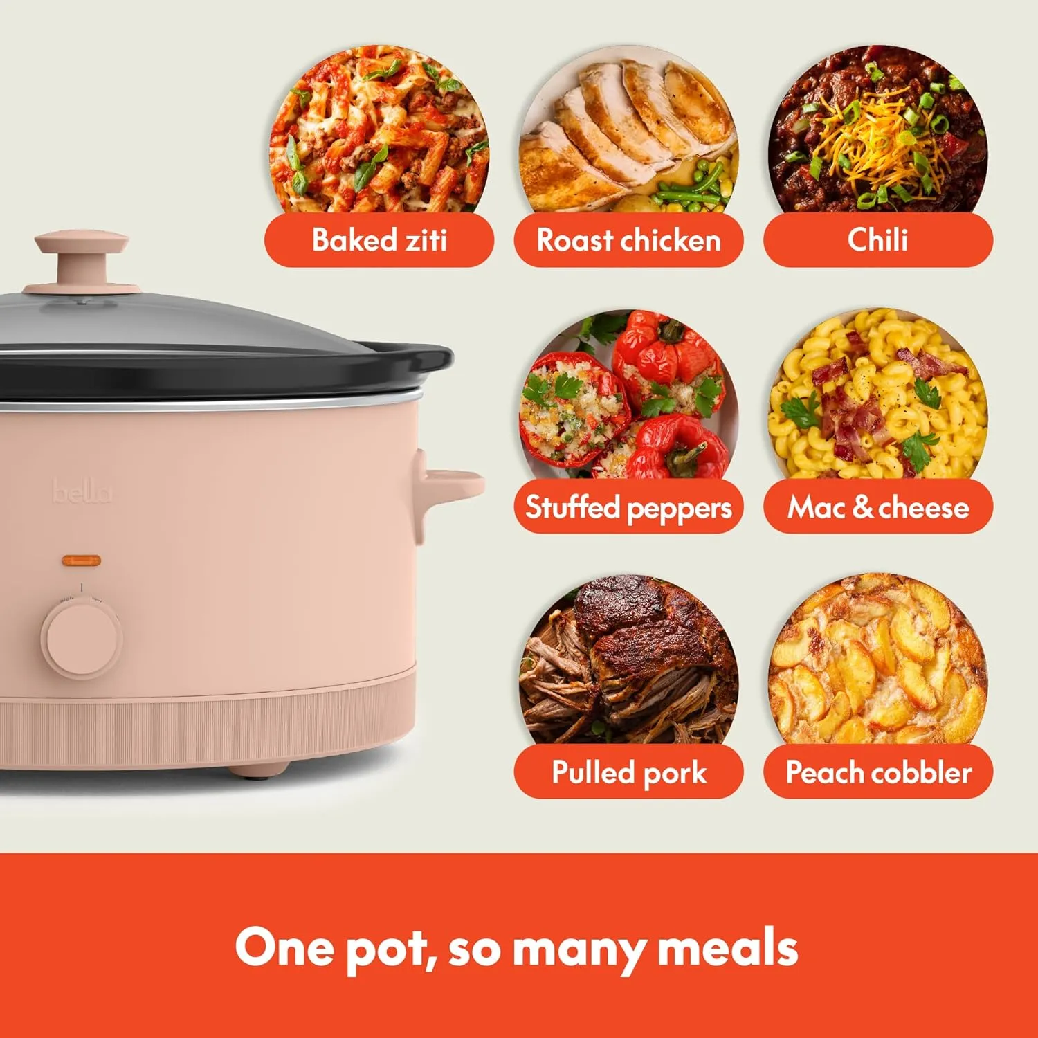 bella 6.0 Qt Manual Slow Cooker, EverGood™ Ceramic Nonstick Coating, 3 Temperature Settings, Dishwasher Safe Stoneware Pot and Tempered Glass Lid, Cool Touch Handles & Tangle Free Cord Wrap, Blossom