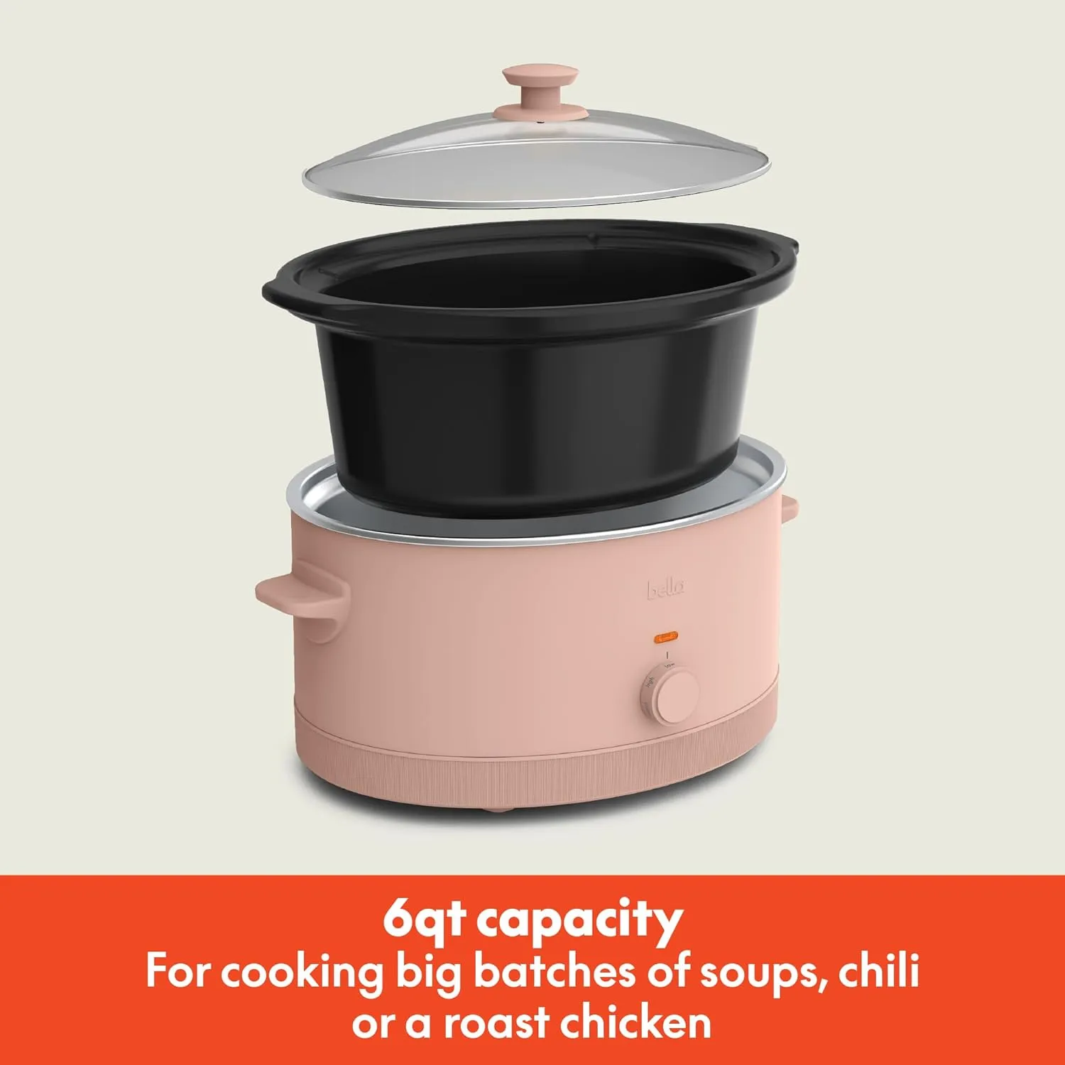 bella 6.0 Qt Manual Slow Cooker, EverGood™ Ceramic Nonstick Coating, 3 Temperature Settings, Dishwasher Safe Stoneware Pot and Tempered Glass Lid, Cool Touch Handles & Tangle Free Cord Wrap, Blossom