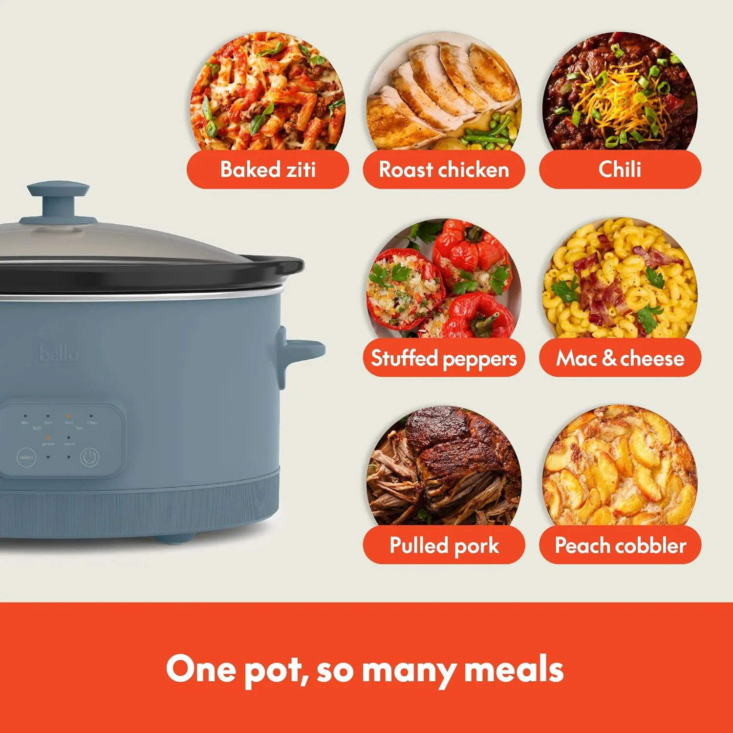 bella 6.0 Qt Programmable Slow Cooker, EverGood™ Ceramic Nonstick Coating, Adjustable Temperature & Cooking Times, Dishwasher Safe Stoneware Pot & Tempered Glass Lid, Tangle Free Cord Wrap, Surf