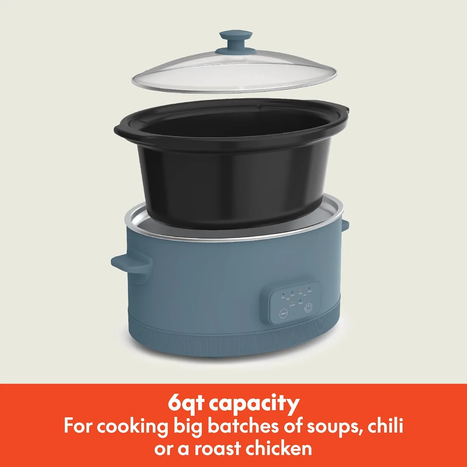 bella 6.0 Qt Programmable Slow Cooker, EverGood™ Ceramic Nonstick Coating, Adjustable Temperature & Cooking Times, Dishwasher Safe Stoneware Pot & Tempered Glass Lid, Tangle Free Cord Wrap, Surf