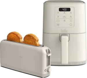 BELLA Slim 2 Slice Toaster   4Qt Slim Air Fryer, Fits-anywhere™ Kitchenware, Small Air Fryer w 6 Preset Cooking Options and Slim Toaster w 6 Shades Control, Oatmilk