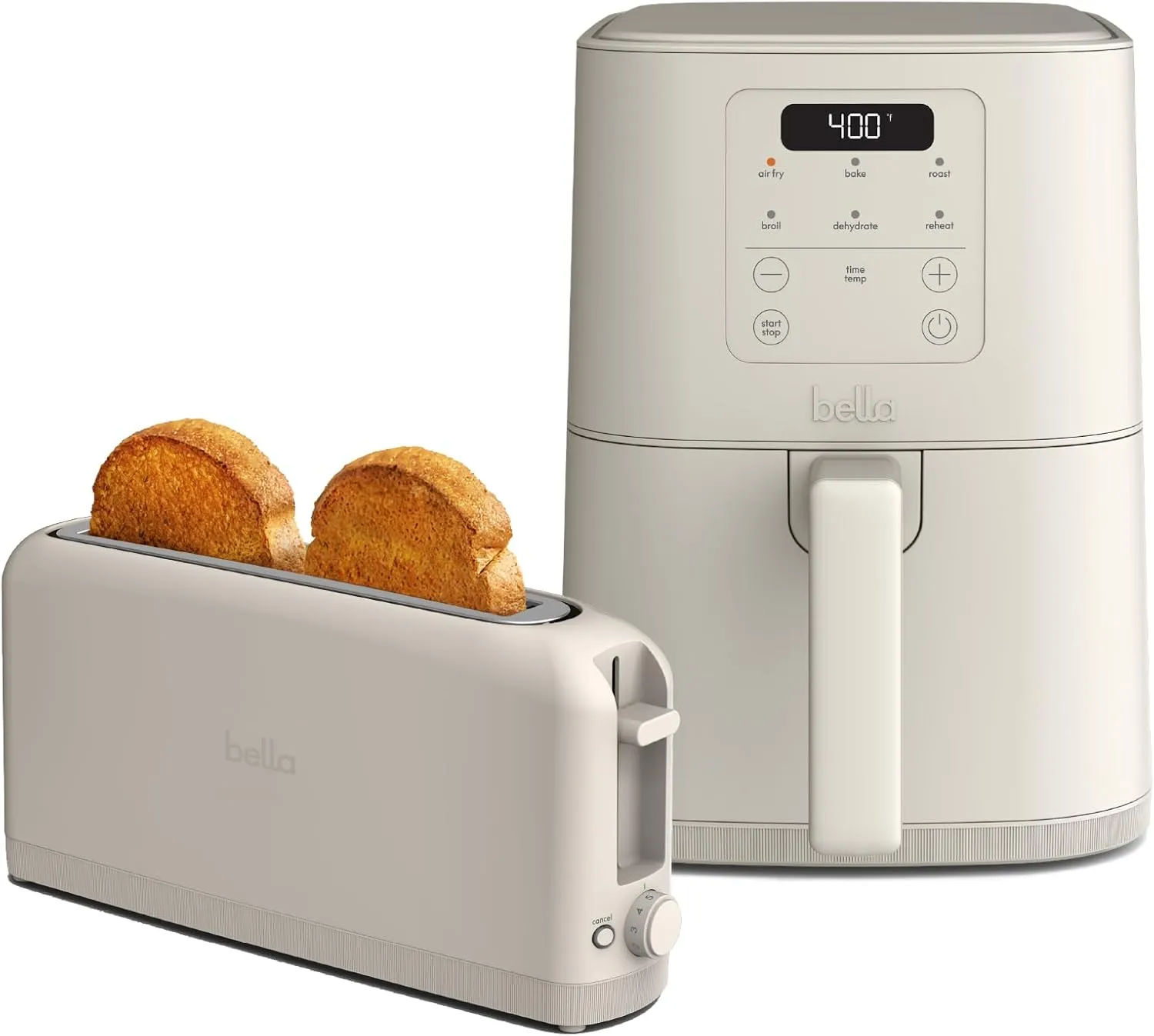 BELLA Slim 2 Slice Toaster   4Qt Slim Air Fryer, Fits-anywhere™ Kitchenware, Small Air Fryer w 6 Preset Cooking Options and Slim Toaster w 6 Shades Control, Oatmilk