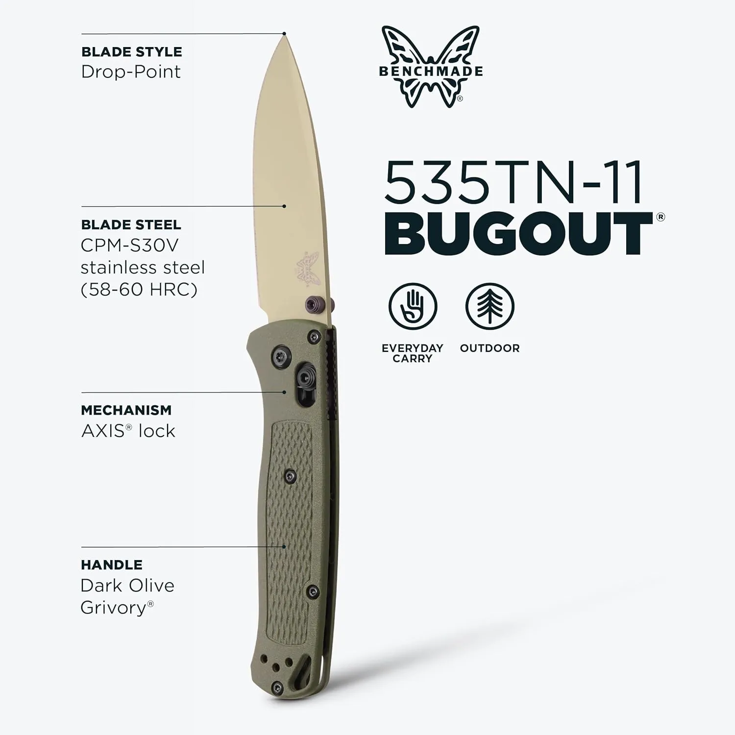 Benchmade - Bugout Folding Knife with Dark Olive Grivory Handle (535TN-11)