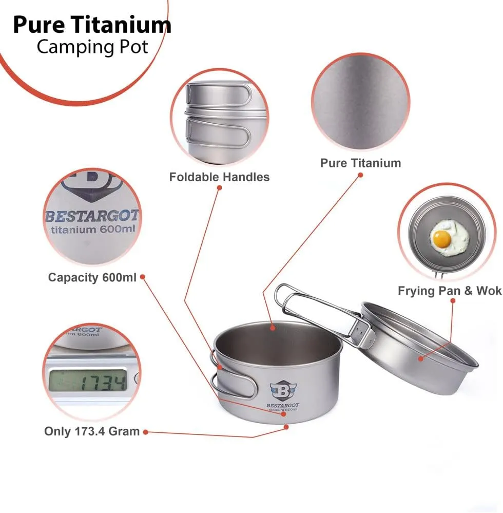 Bestargot Camping 600ml titanium pot with 350ml frying pan