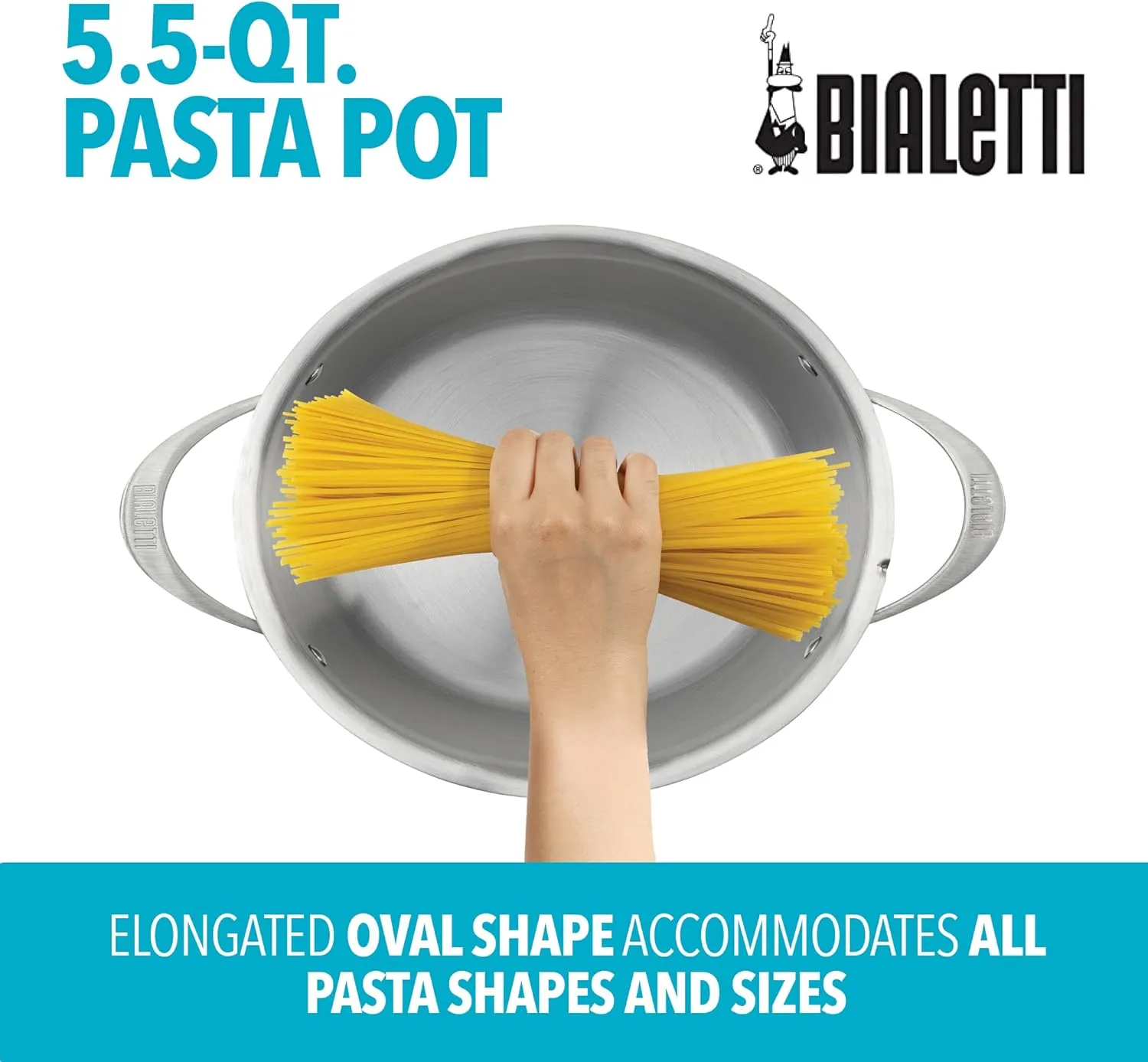 Bialetti 6 Quart Pasta Pot with Strainer Lid, Stainless-Steel – Elongated Oval Pot for Long Spaghetti, Lasagna, Penne & Farfalle, Heat Resistant Handles & Nonstick Interior, Large Pot for Cooking