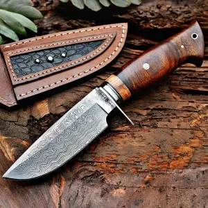 BIGCAT ROAR Handmade Damascus Hunting Knife - Bushcraft Fixed Blade Hunting Knife with Sheath and Walnut Wood Handle - 10″ EDC Skinning Knife - Wild Tiger