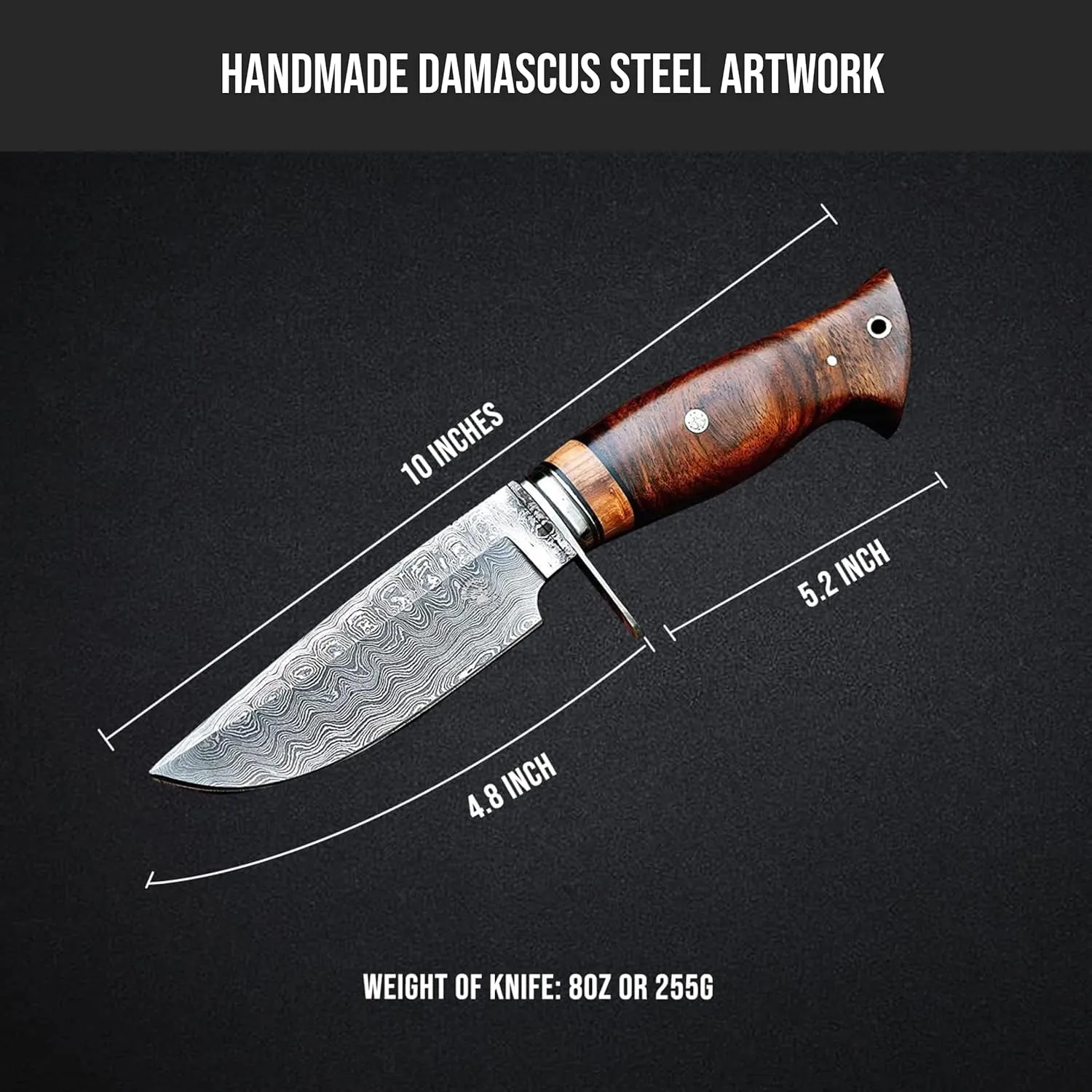 BIGCAT ROAR Handmade Damascus Hunting Knife - Bushcraft Fixed Blade Hunting Knife with Sheath and Walnut Wood Handle - 10″ EDC Skinning Knife - Wild Tiger