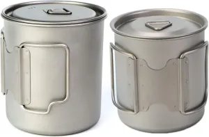 BIVOUAC 2Pcs Packed 750ml and 400ml Titanium Cup Set With Lid Camping Pot Coffee Mug Cooking Kit Cups With Folding Handle