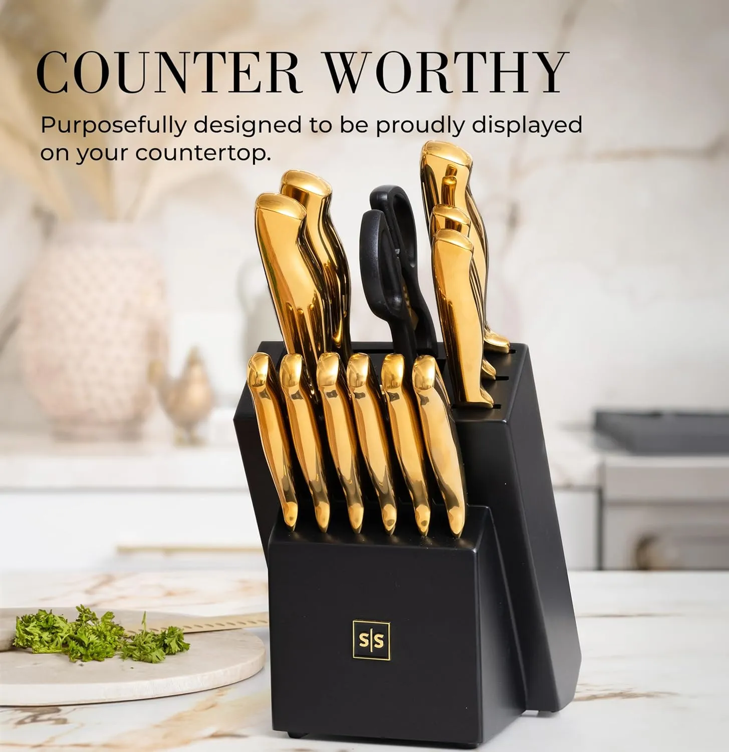 Black and Gold Knife Set with Block – 14-Piece Ultra-Sharp Full Tang Knives with Self-Sharpening Knife Block – Stylish Black and Gold Kitchen Accessories and Decor
