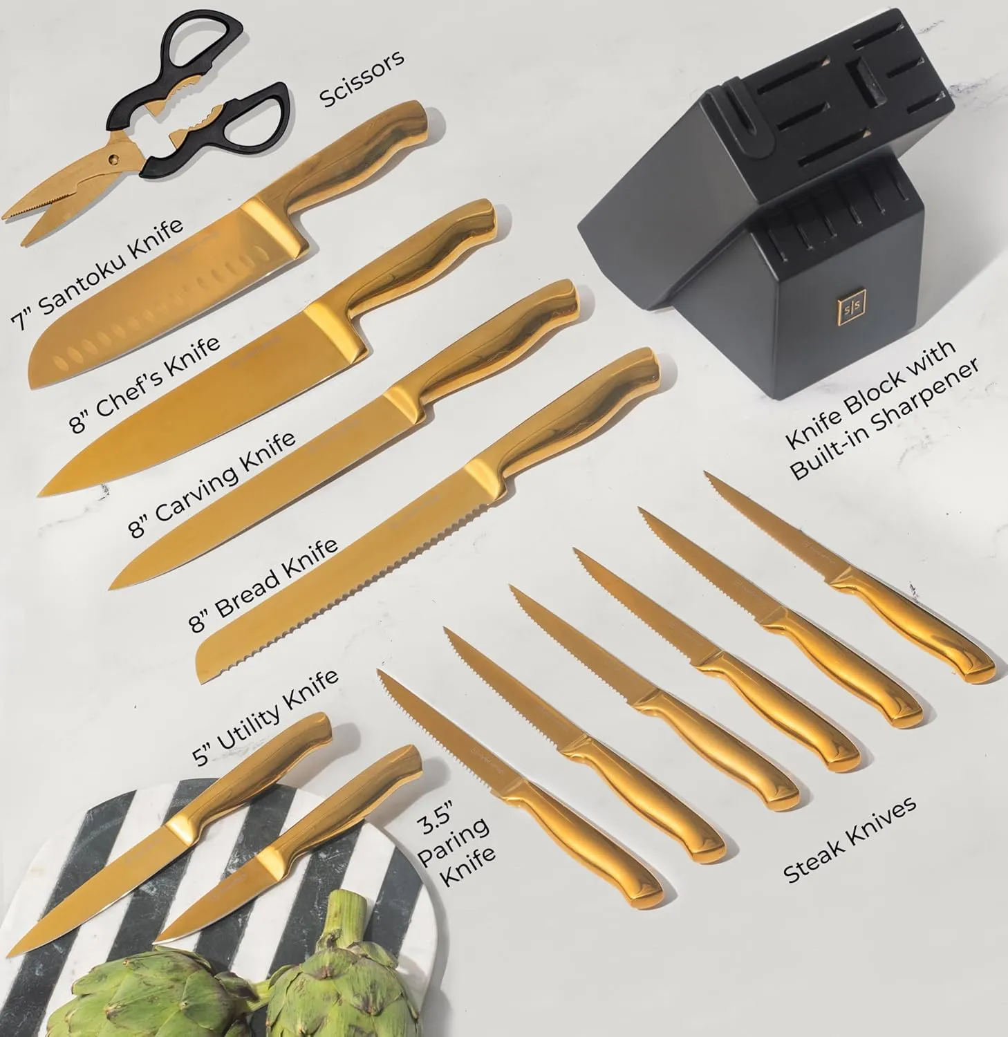 Black and Gold Knife Set with Block – 14-Piece Ultra-Sharp Full Tang Knives with Self-Sharpening Knife Block – Stylish Black and Gold Kitchen Accessories and Decor