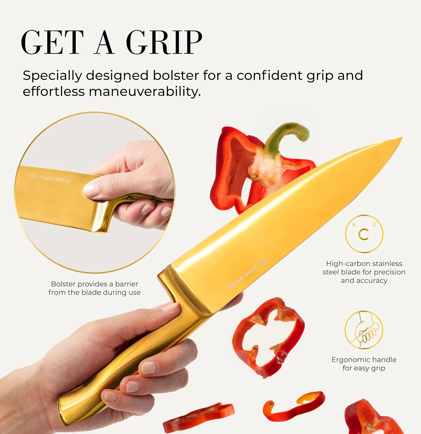 Black and Gold Knife Set with Block – 14-Piece Ultra-Sharp Full Tang Knives with Self-Sharpening Knife Block – Stylish Black and Gold Kitchen Accessories and Decor