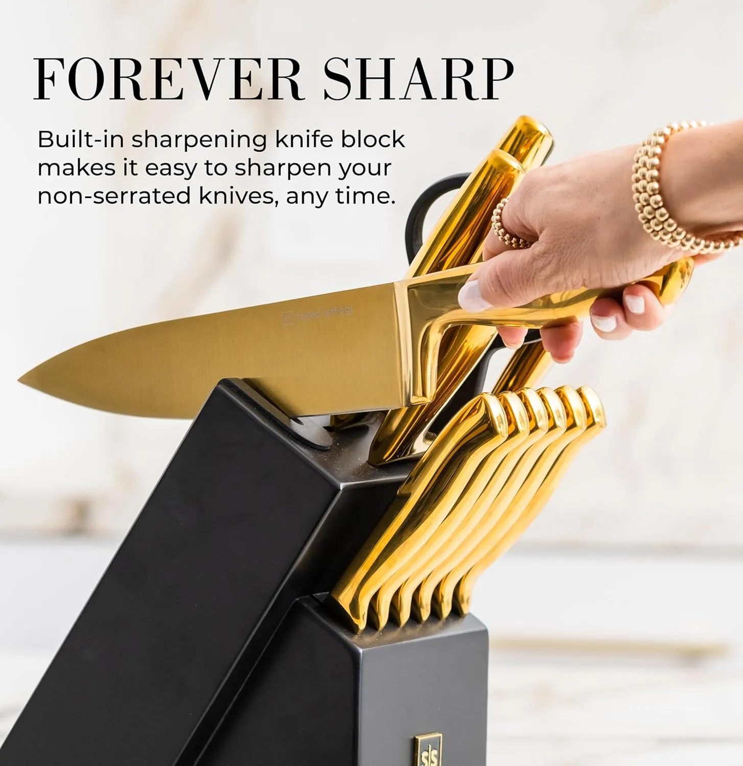 Black and Gold Knife Set with Block – 14-Piece Ultra-Sharp Full Tang Knives with Self-Sharpening Knife Block – Stylish Black and Gold Kitchen Accessories and Decor
