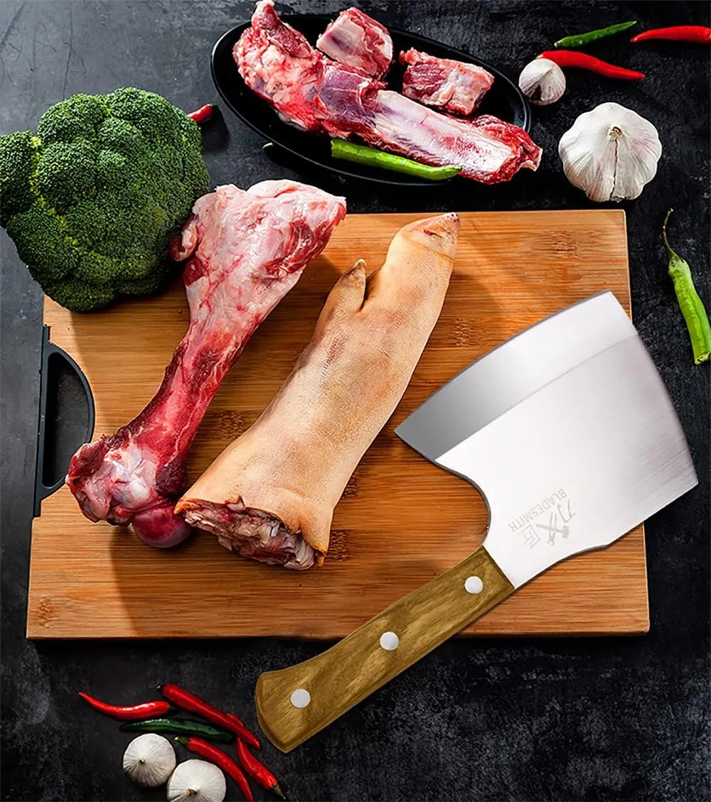 BLADESMITH Meat Cleaver Butcher Axe Bone Chopper Heavy Duty - 6.3'' Bone Cutting Knife Bone Breaker, Stainless Steel Thicken Blade & Pear Wood Handle, Slaughterhouse Looks Manly,2025 Gifts