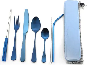 Blue Reusable Utensils with Case Camping Travel Silverware Set,Portable Stainless Steel Cutlery Set - Matte Flatware Set Knife Fork Spoon Mirror Straws Chopsticks - for Office Lunch, Hiking, School