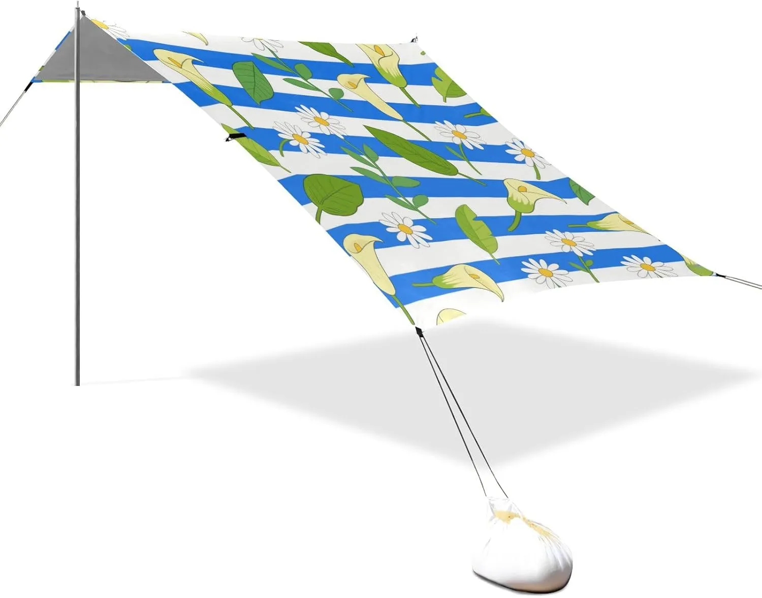 Blue White Striped Calla Lily Daisy Flower Designed UPF50 Foldable Beach Canopy Waterproof Portable Sun Shelter Includes Sand Shovel, Sandbags, Stability Poles for Camping, Fishing, Backyard