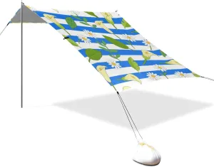 Blue White Striped Calla Lily Daisy Flower Designed UPF50 Foldable Beach Canopy Waterproof Portable Sun Shelter Includes Sand Shovel, Sandbags, Stability Poles for Camping, Fishing, Backyard