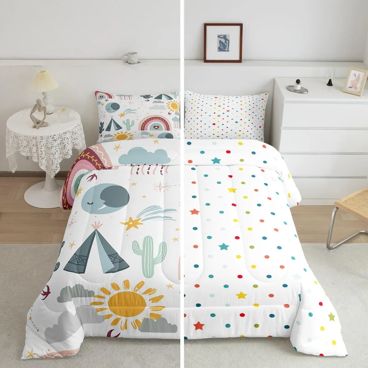 Boho Sun And Moon Bedding Set Twin Kids Camping Tent Comforter Set For Camper Rv,Cute Rainbow Clouds Constellation Decor Comforter For Boys Girls,Cartoon Cactus Quilt Duvet Insert 1 Pillow Case