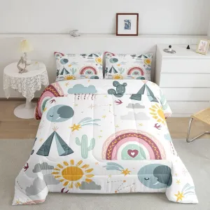 Boho Sun And Moon Bedding Set Twin Kids Camping Tent Comforter Set For Camper Rv,Cute Rainbow Clouds Constellation Decor Comforter For Boys Girls,Cartoon Cactus Quilt Duvet Insert 1 Pillow Case