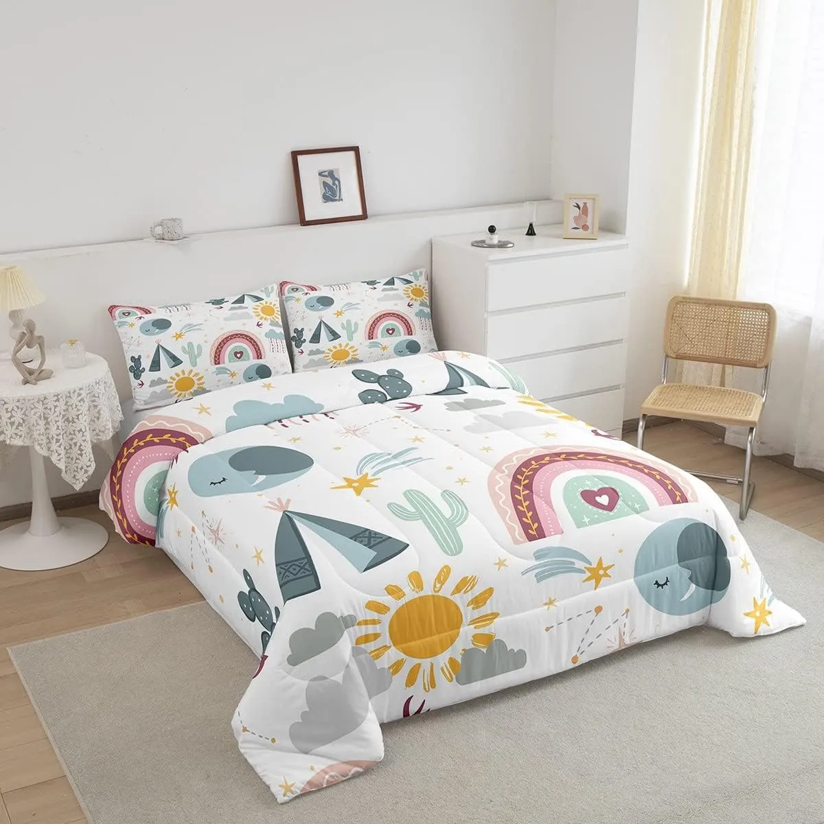 Boho Sun And Moon Bedding Set Twin Kids Camping Tent Comforter Set For Camper Rv,Cute Rainbow Clouds Constellation Decor Comforter For Boys Girls,Cartoon Cactus Quilt Duvet Insert 1 Pillow Case