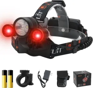BORUIT LED Rechargeable Headlamp with Red and White Light,Super Bright Battery Powered 3 Modes Waterproof Head Lamps with Bike Clip for Hunting Fishing Camping Hiking