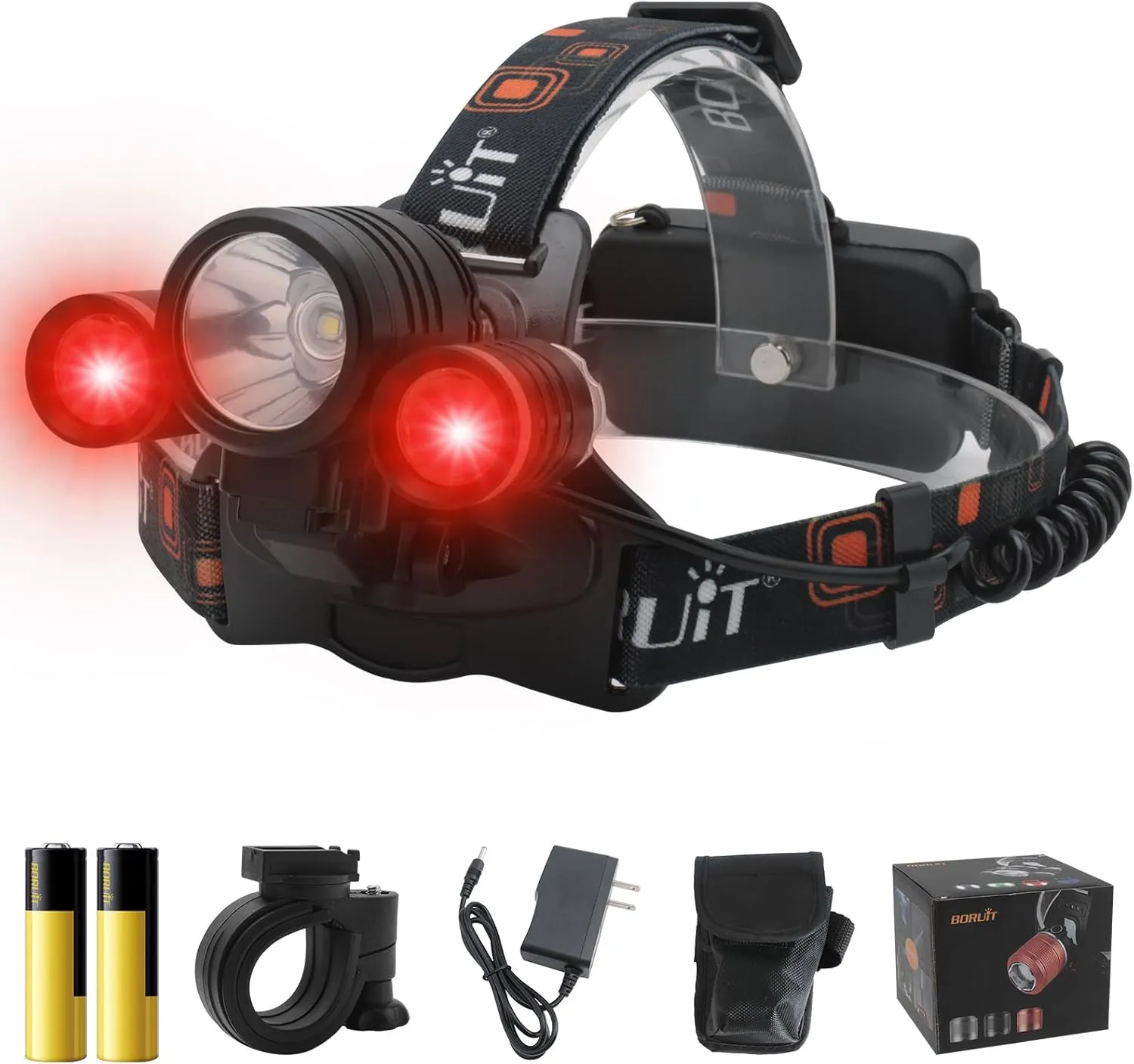 BORUIT LED Rechargeable Headlamp with Red and White Light,Super Bright Battery Powered 3 Modes Waterproof Head Lamps with Bike Clip for Hunting Fishing Camping Hiking