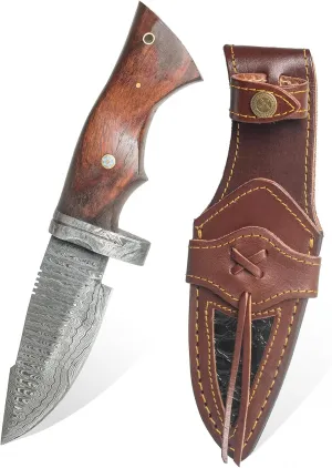 Boston Leather Handmade Damascus Steel Hunting knife - Hand Forged Camping Knife - Best Gift For Him (B-096)