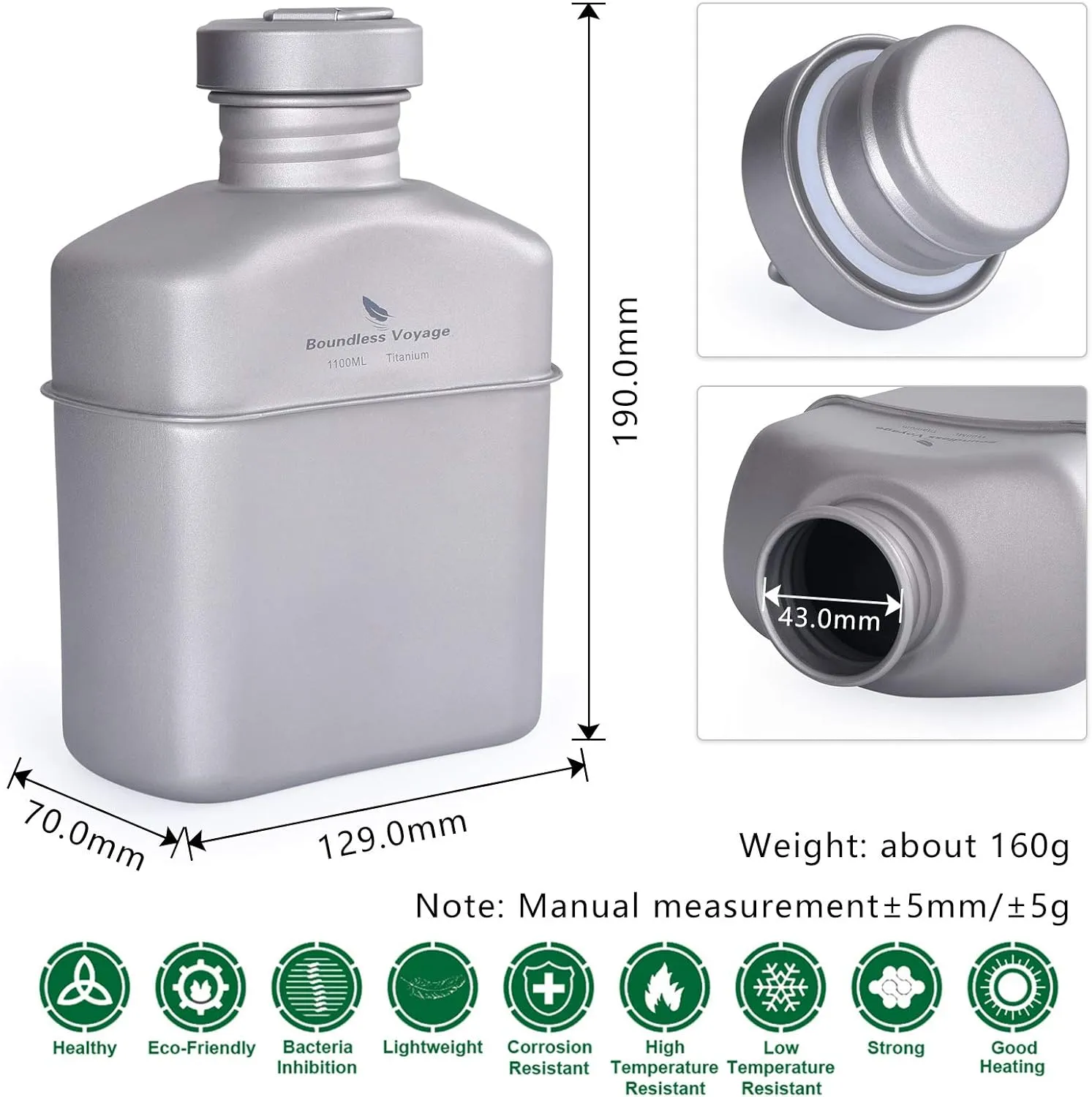 Boundless Voyage 1100ml Titanium Military Canteen with Storage Bag Lightweight Water Bottle for Outdoor Camping Backpacking Ti2047C