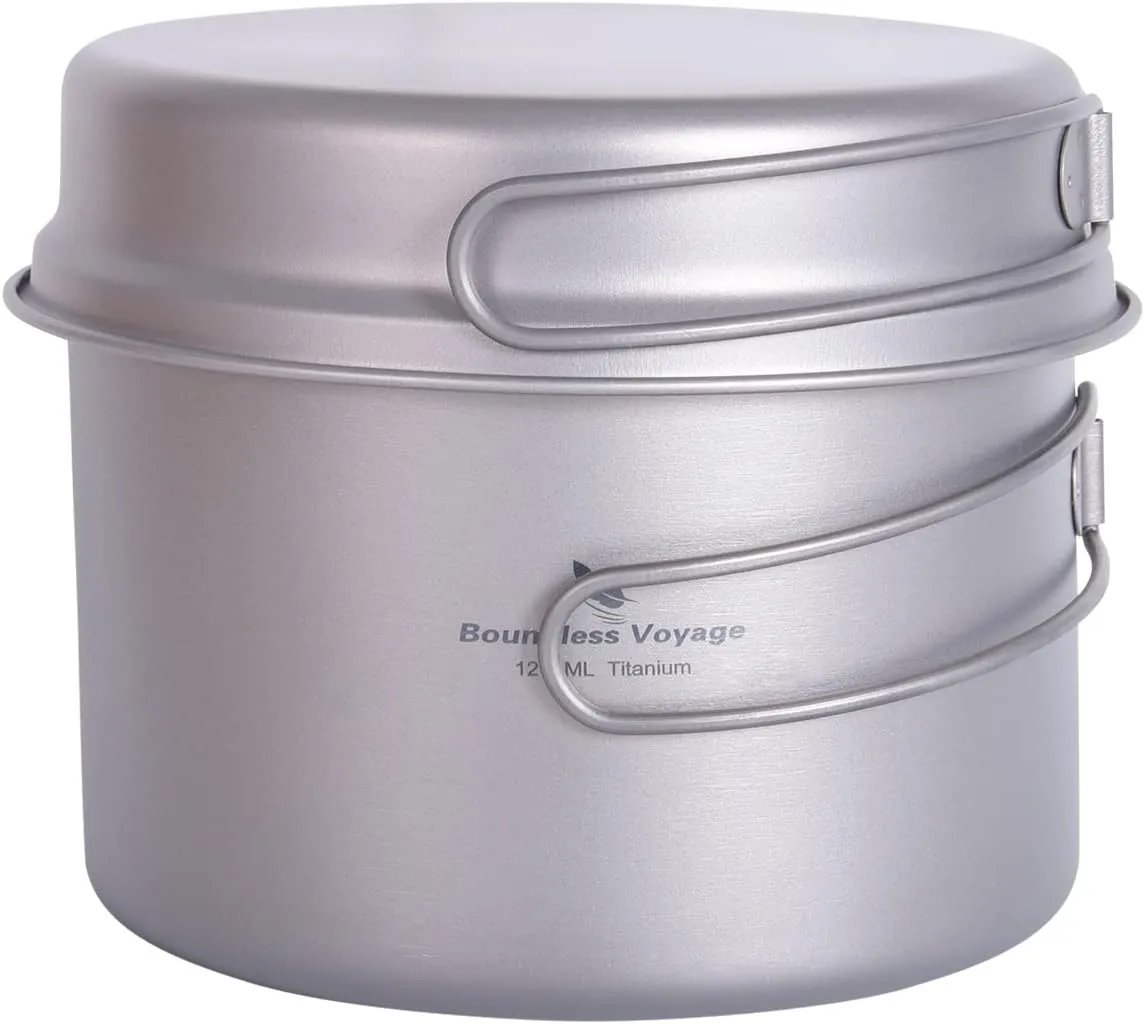 Boundless Voyage Camping Pots and Pans Set Titanium Cooking Set 1200ml Pot with 500ml Pan Ultralight Campfire Cooking Equipment Ti2110C