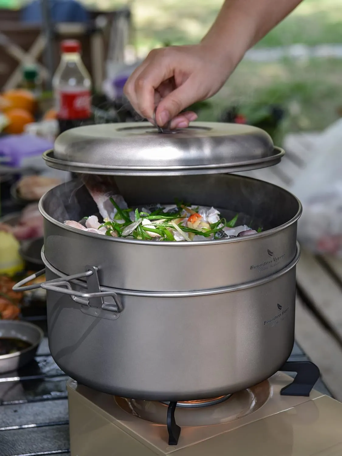 Boundless Voyage Titanium 4.5L Hanging Pot with Steaming Rack Folding Handle Outdoor Camping Cooking Stockpot Steamer Set