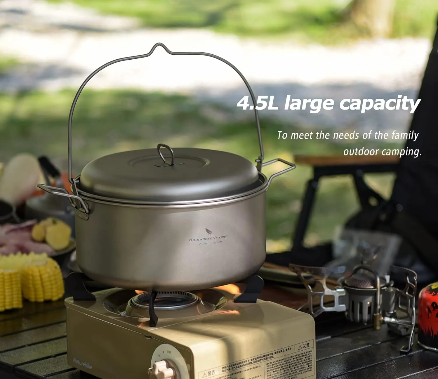 Boundless Voyage Titanium 4.5L Hanging Pot with Steaming Rack Folding Handle Outdoor Camping Cooking Stockpot Steamer Set