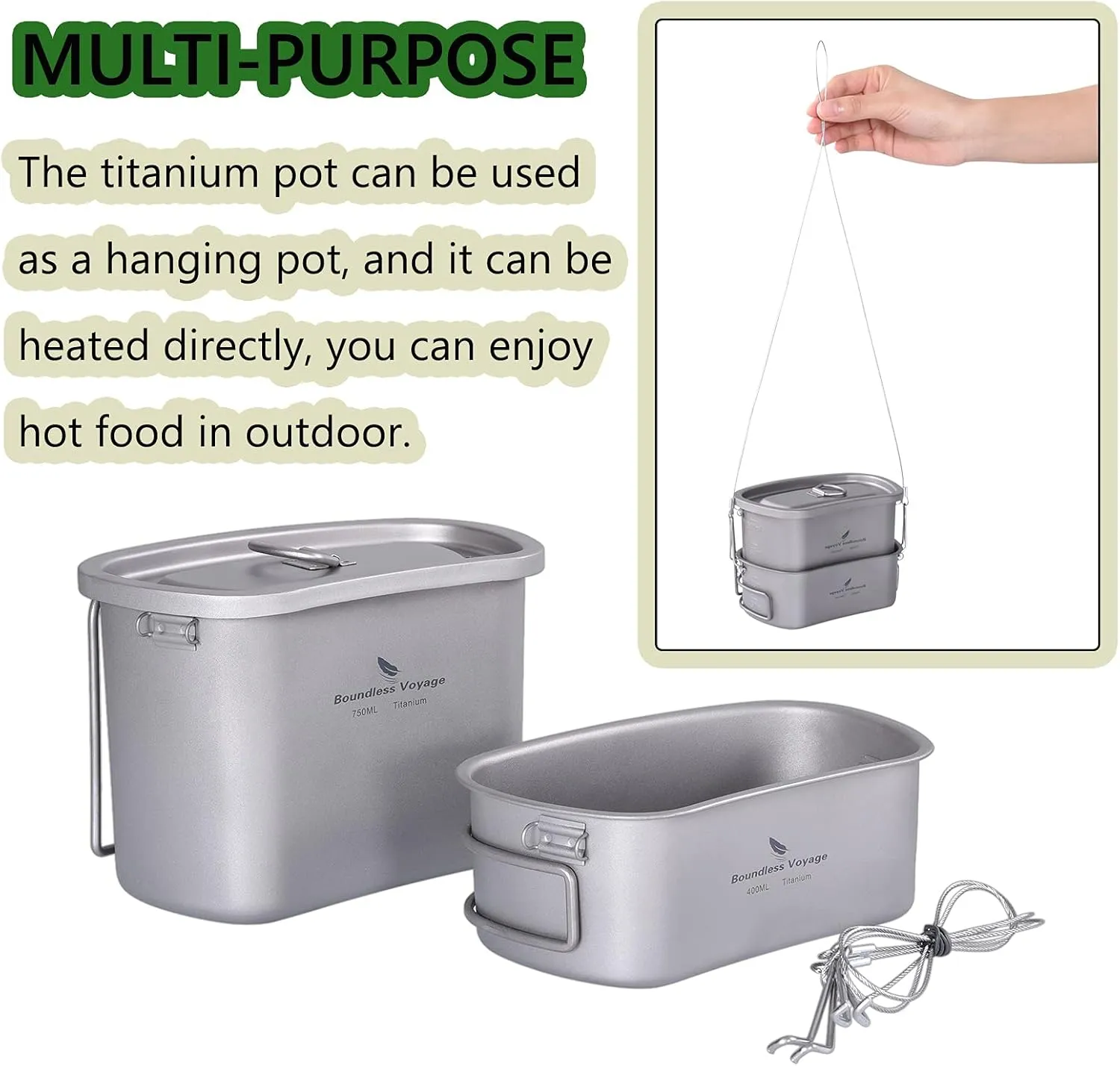 Boundless Voyage Titanium Canteen Mess Kit with Folding Handle Hanging Rope Ultralight Portable for Lunch Outdoor Camping Hiking A-Ti2048C