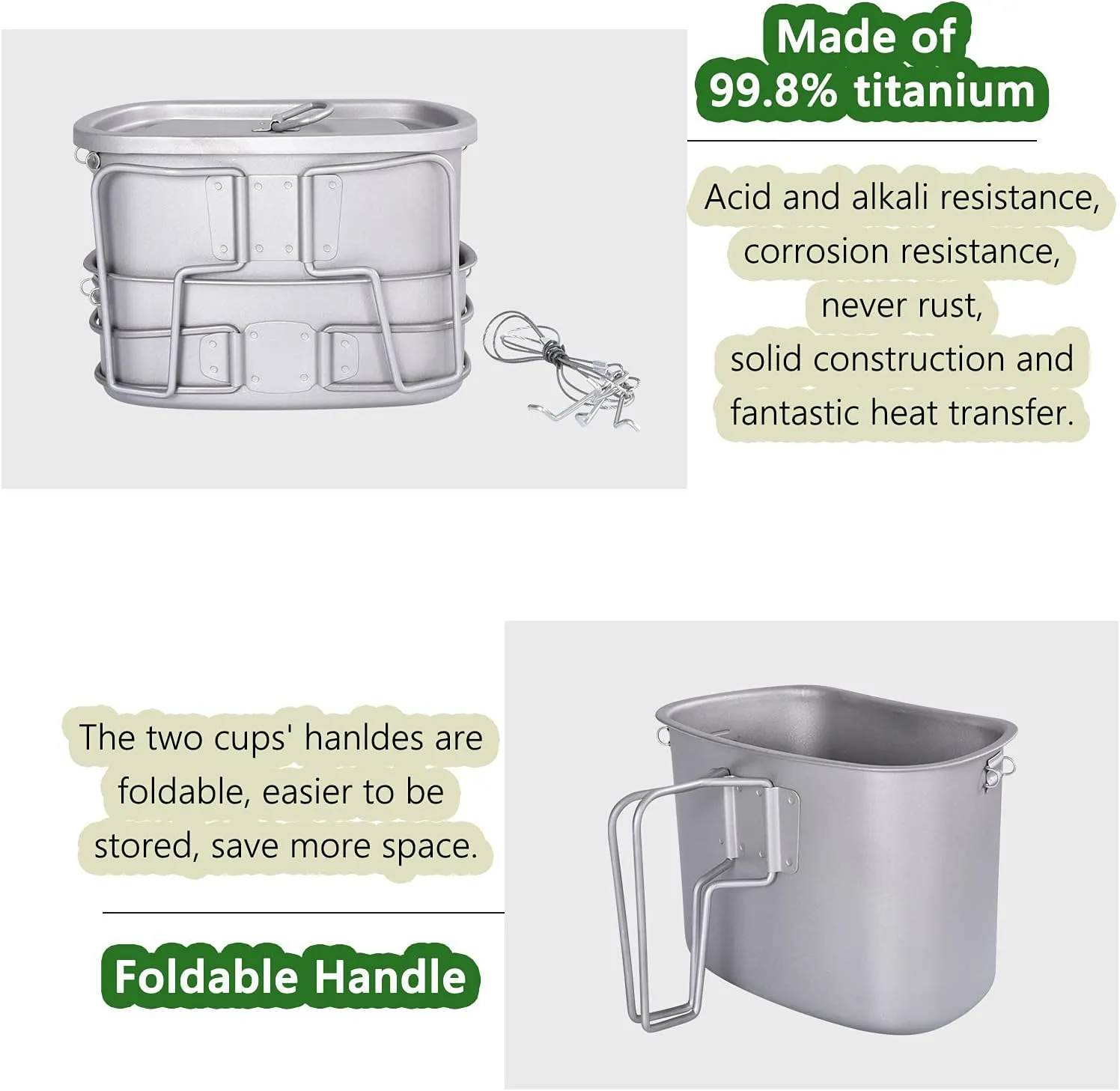 Boundless Voyage Titanium Canteen Mess Kit with Folding Handle Hanging Rope Ultralight Portable for Lunch Outdoor Camping Hiking A-Ti2048C