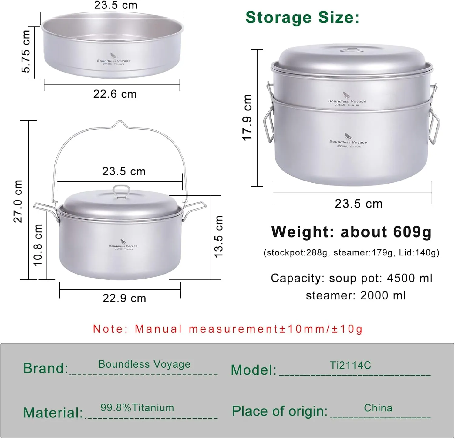 Boundless Voyage Titanium Food Steamer Pan Stock Pot Soup Pot Outdoor Hanging Pot Portable Travel Household Kitchenware Cooking Kit Hot Pot for Camping Picninc