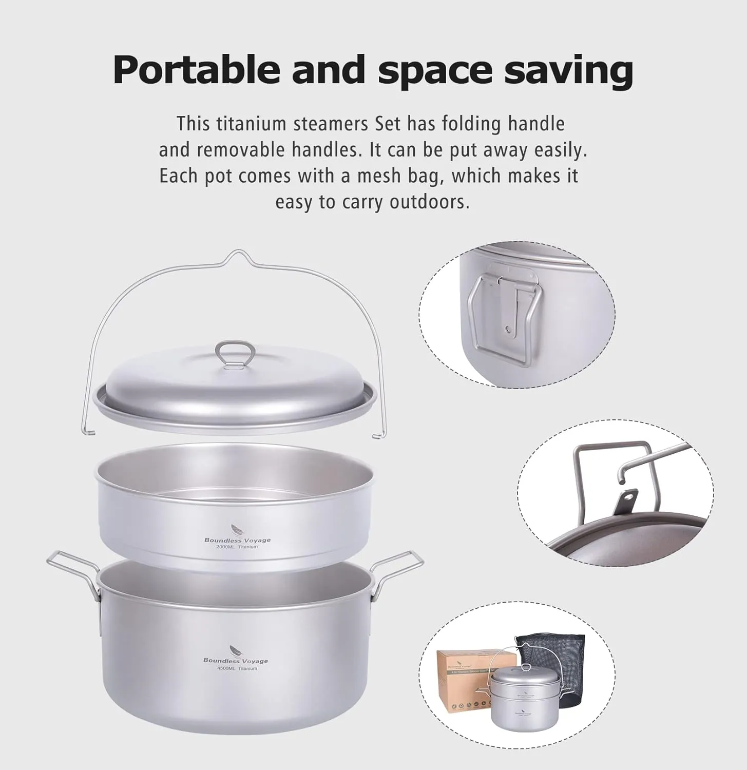 Boundless Voyage Titanium Food Steamer Pan Stock Pot Soup Pot Outdoor Hanging Pot Portable Travel Household Kitchenware Cooking Kit Hot Pot for Camping Picninc