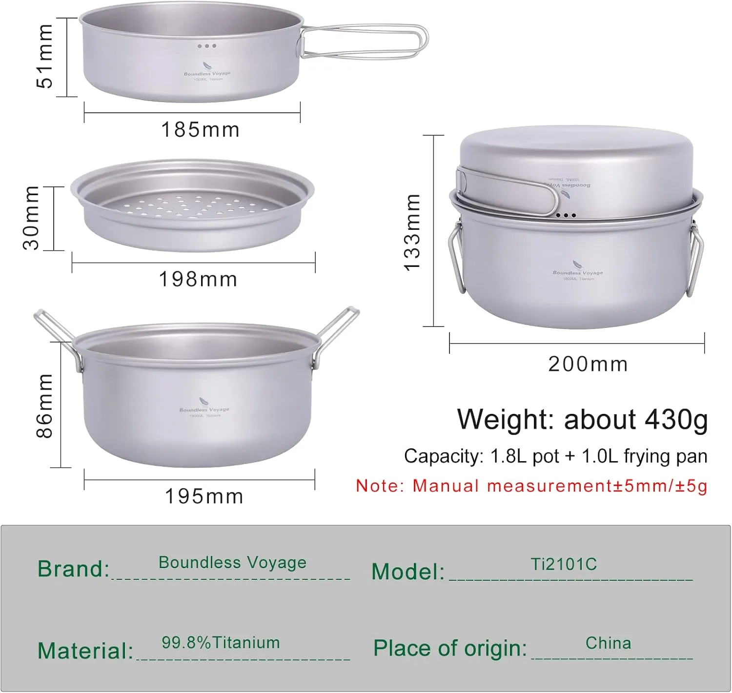 Boundless Voyage Titanium Steamer Stockpot with Fry Pan Set Ultralight Outdoor Cooking Pot Camping Pots and Pans Set Family Big Capacity Soup Pot Ti2101C