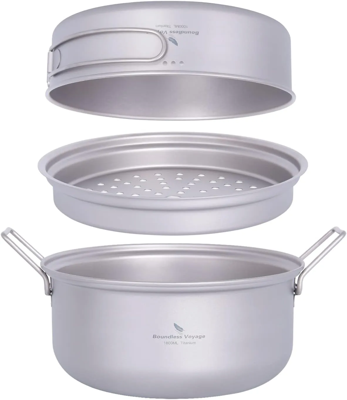 Boundless Voyage Titanium Steamer Stockpot with Fry Pan Set Ultralight Outdoor Cooking Pot Camping Pots and Pans Set Family Big Capacity Soup Pot Ti2101C