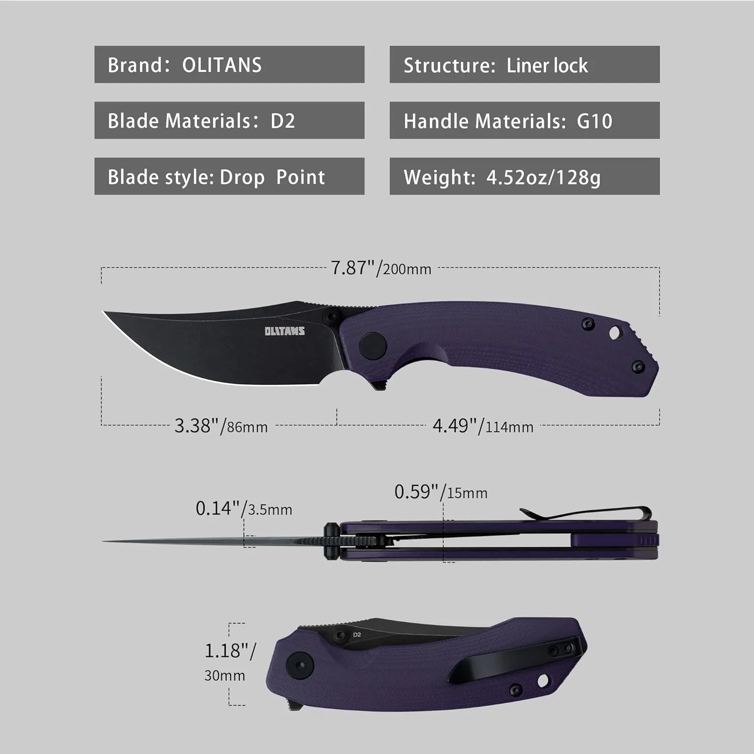 Bowie Pocket Knife, EDC Knife, Folding Knife with 3.4'' D2 Steel Blade, Hunting Knife with G10 Scales for Camping, Survival - Suitable for Men & Women-G059PB