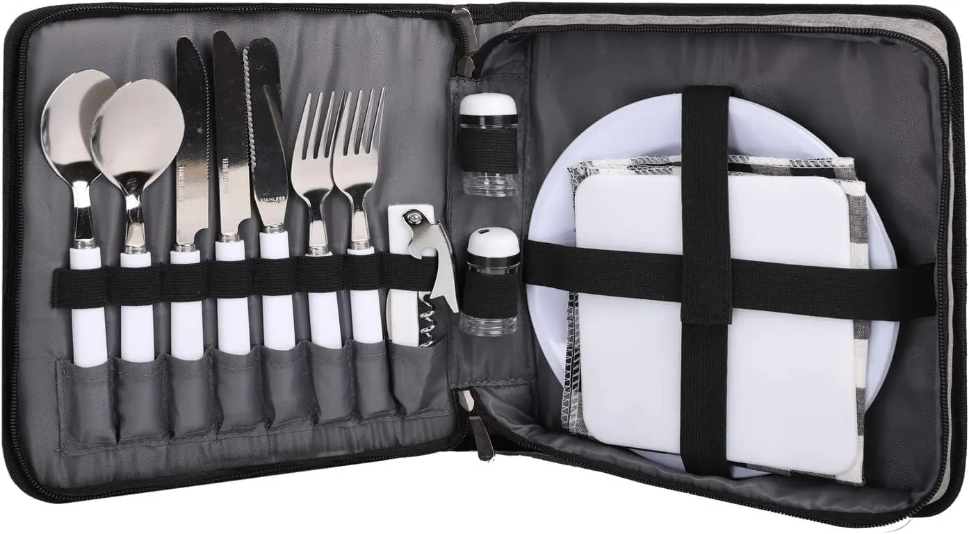 BRONZY Fully Equipped Camping Utensil Set with Case - Reusable Stainless Fork Spoon Knife Sets for Lunch, Mess Kit for Camping, Portable Travel Cutlery Set Kid-Safe,BPA-Free(16pcs/24pcs)