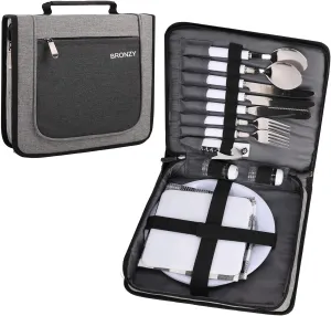 BRONZY Fully Equipped Camping Utensil Set with Case - Reusable Stainless Fork Spoon Knife Sets for Lunch, Mess Kit for Camping, Portable Travel Cutlery Set Kid-Safe,BPA-Free(16pcs/24pcs)