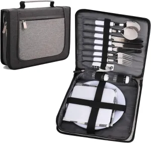 BRONZY Fully Equipped Camping Utensil Set with Case - Reusable Stainless Fork Spoon Knife Sets for Lunch, Mess Kit for Camping, Portable Travel Cutlery Set Kid-Safe,BPA-Free(16pcs/24pcs)