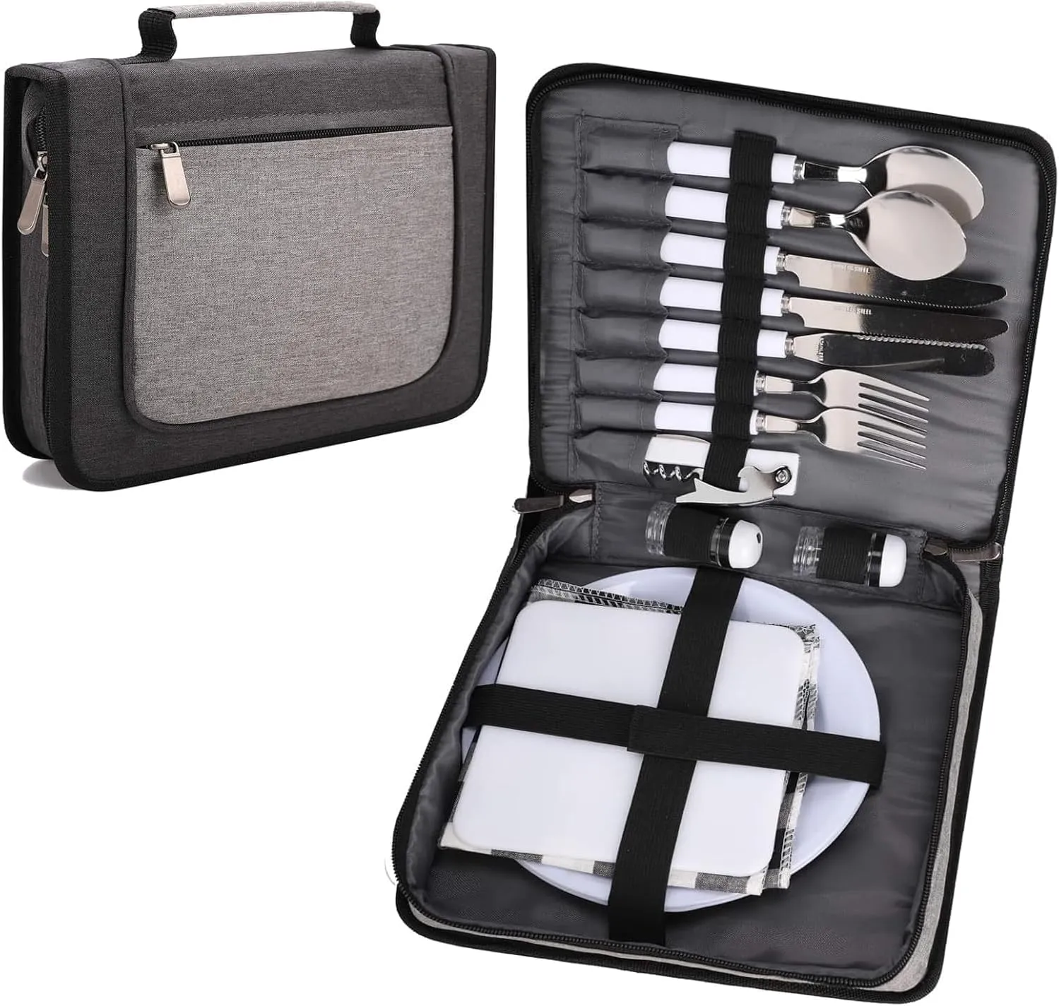 BRONZY Fully Equipped Camping Utensil Set with Case - Reusable Stainless Fork Spoon Knife Sets for Lunch, Mess Kit for Camping, Portable Travel Cutlery Set Kid-Safe,BPA-Free(16pcs/24pcs)