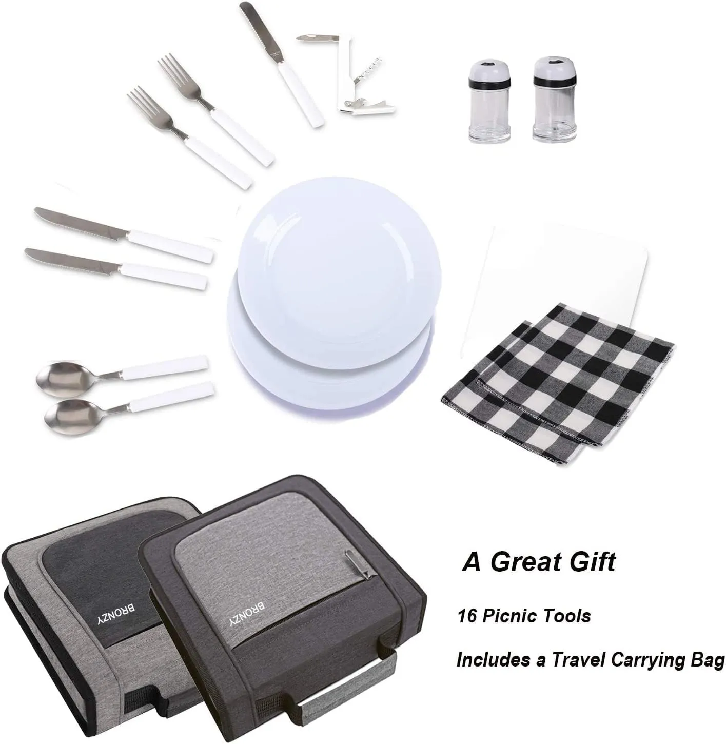 BRONZY Fully Equipped Camping Utensil Set with Case - Reusable Stainless Fork Spoon Knife Sets for Lunch, Mess Kit for Camping, Portable Travel Cutlery Set Kid-Safe,BPA-Free(16pcs/24pcs)