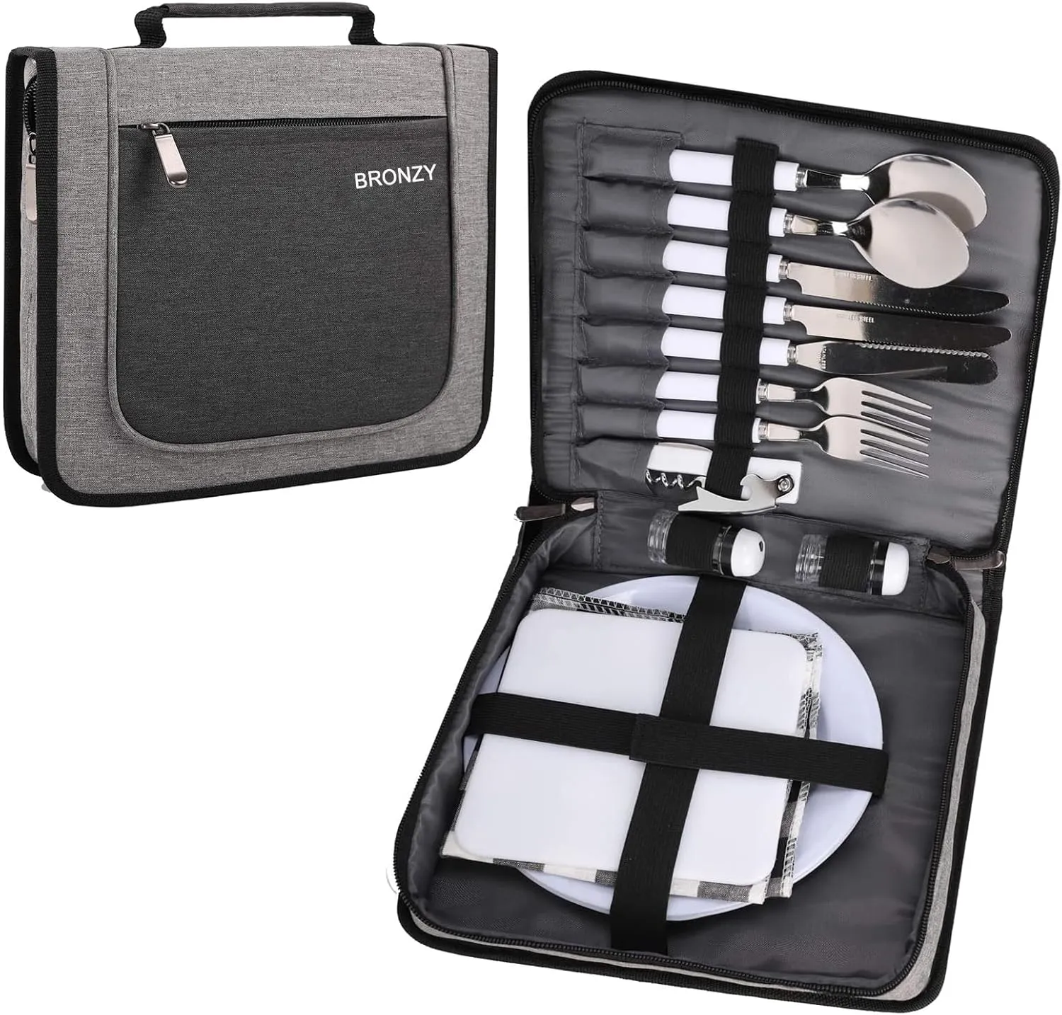 BRONZY Fully Equipped Camping Utensil Set with Case - Reusable Stainless Fork Spoon Knife Sets for Lunch, Mess Kit for Camping, Portable Travel Cutlery Set Kid-Safe,BPA-Free(16pcs/24pcs)