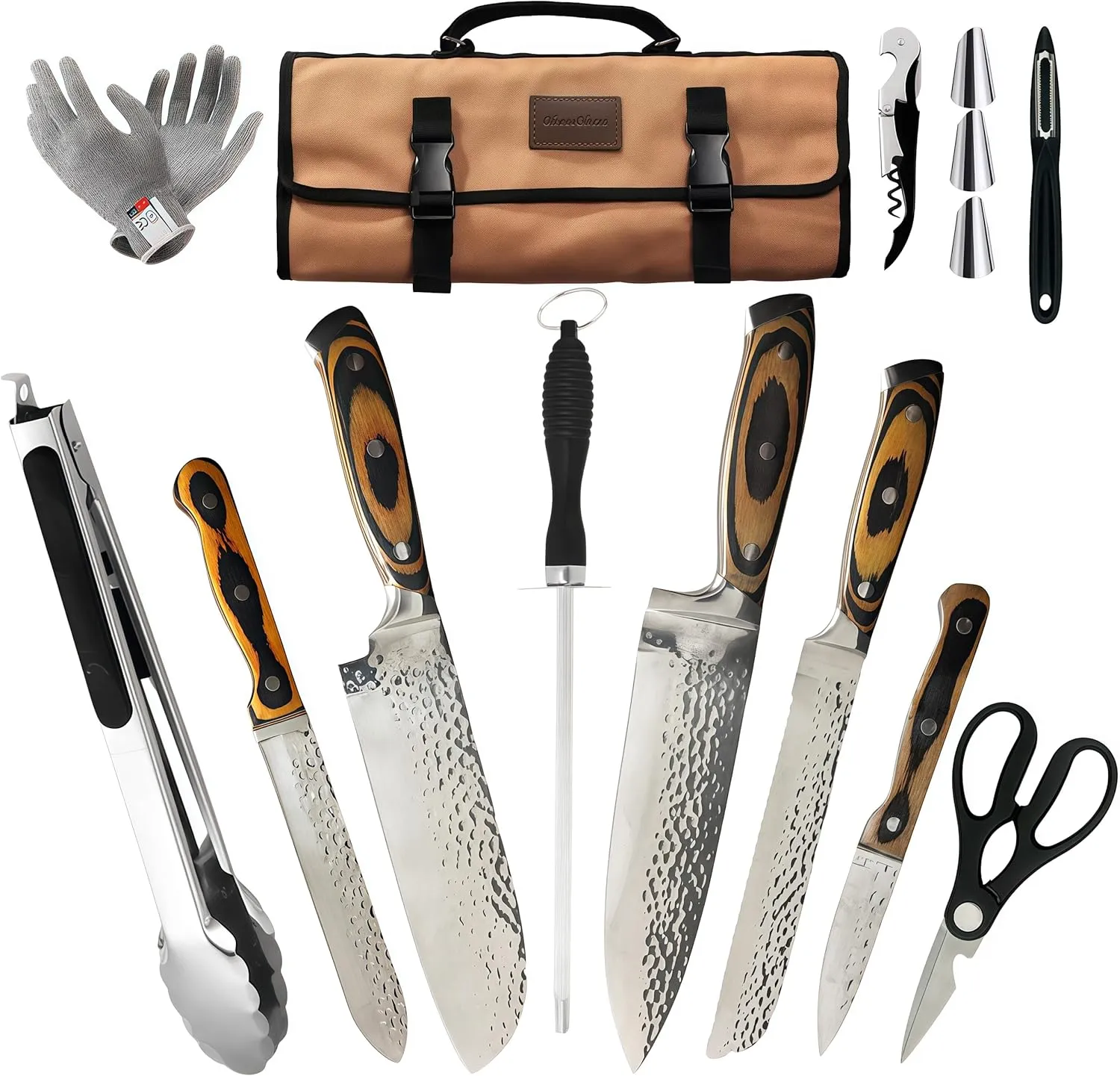 Butcher Knife and Kitchen Knife Set, High Carbon Steel Japan Nakiri Santoku Knife Set with Accessories for Kitchen, BBQ Camping Knives Set with Bag