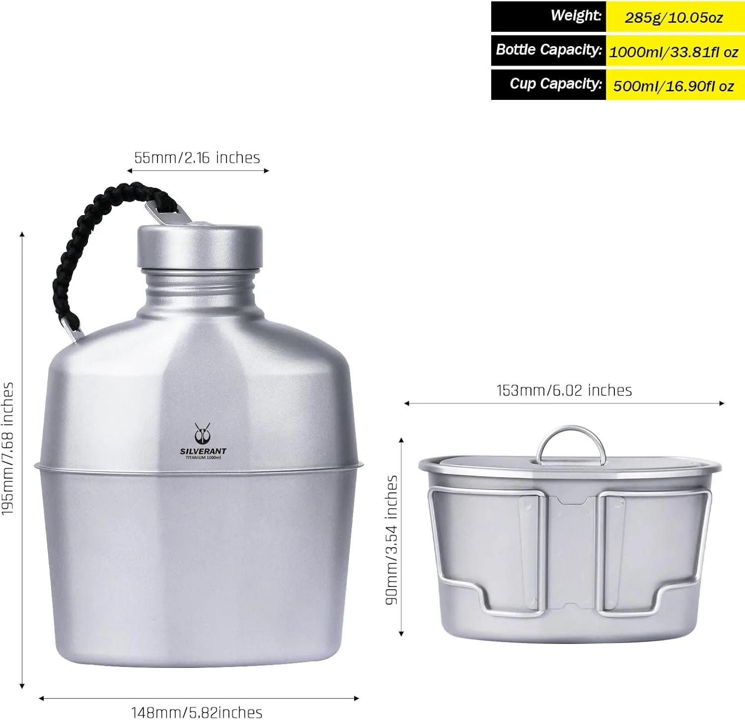 Camping Canteen Titanium Military Canteen Mess Kit Ultralight Camping Mug with Carry Pouch & Cup Foldable Handle -Bottle 1000ml, Cup 600ml