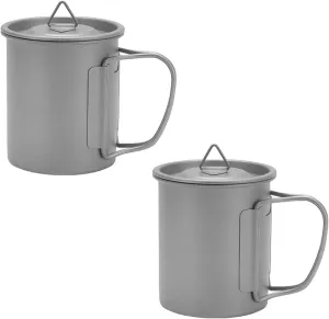 Camping Cups, 2 Packs Camping Titanium Pot with Storage Bag, Outdoor Titanium Mug with Lid, Camping Coffee Cup with Foldable Handle,M