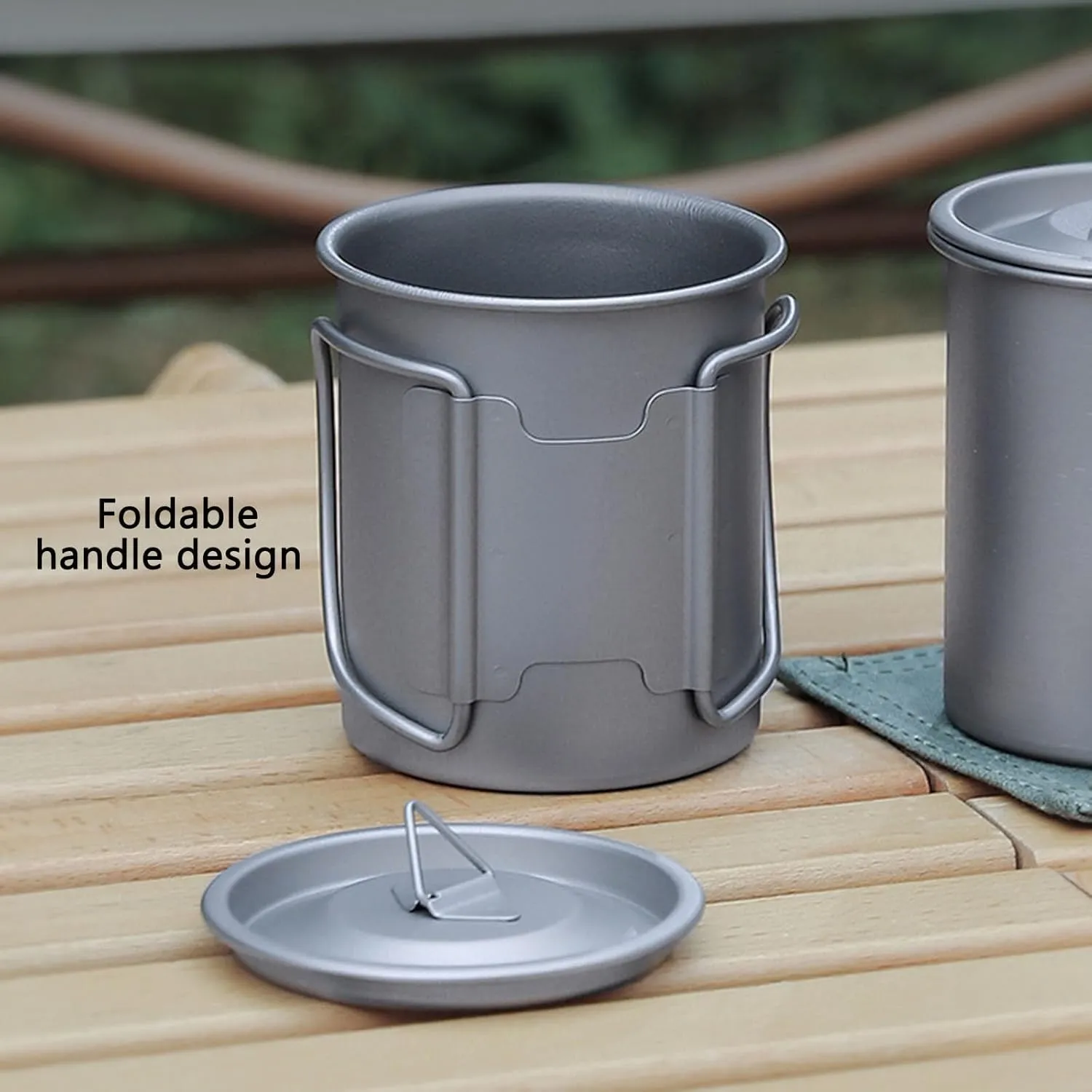 Camping Cups, 2 Packs Camping Titanium Pot with Storage Bag, Outdoor Titanium Mug with Lid, Camping Coffee Cup with Foldable Handle,M